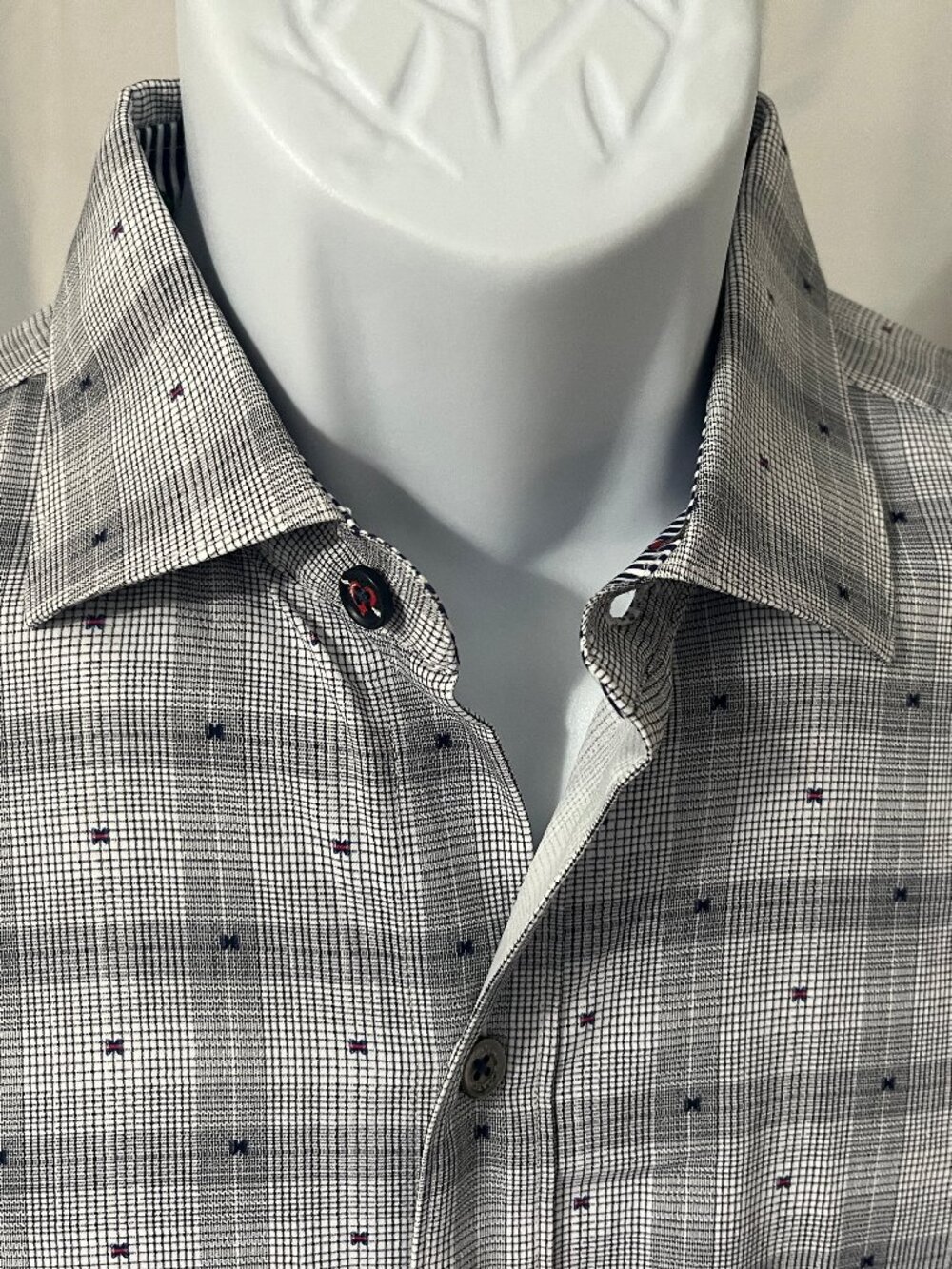 👔 Bugatchi Men’s Gray White Blue Performance Stretch Shirt M EUC ✅